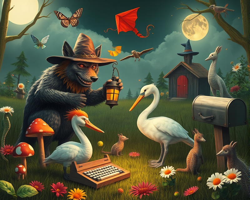 wolf, mushroom, scarecrow, marshmallow, fire hydrant, butterfly, lamp, swan, witch, kite, alien, apple, napkin, pencil, pelican, typewriter, kangaroo, mailbox, flower, porcupine, tennis, seahorse